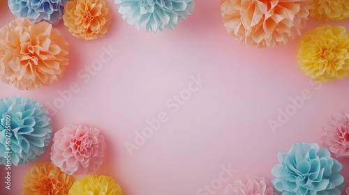 Pastel Paper Flowers Frame Pink Background
