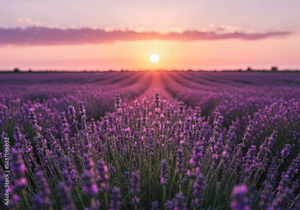 Naklejka premium Sunset over purple lavender field, rows of flowers, peaceful scene, idyllic summer evening