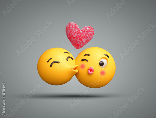 Two yellow emojis kissing with a red heart floating above them on gray background