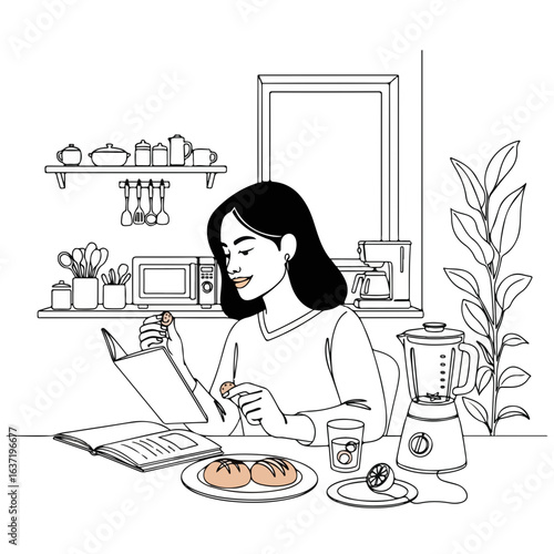 Woman in kitchen reading cookbook while enjoying healthy diet.  She prepares delicious diet meal following doctor's recommendations. Concept diet doctor for healthy eating blog or website.