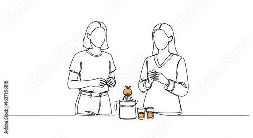 Minimalist detox drink scene depicting two women preparing beverage, creating healthy drink. Detox ingredients include citrus fruit, highlighting freshness and well being.