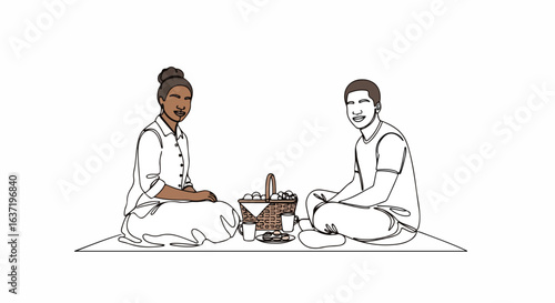 Picnic with friends on a summer weekend with tasty food and drinks on picnic blanket. This picnic represents summer weekend vibes and relaxation outdoors, and happy people chatting.