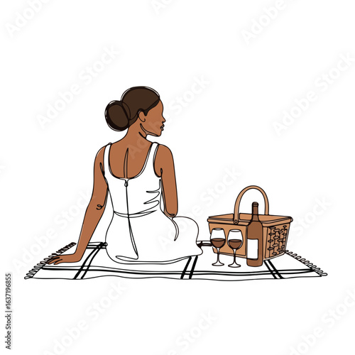 Summer weekend picnic features woman with dark hair sitting on blanket with wine and wicker basket. Summer weekend setup includes open bottle and two wine glasses for relaxing afternoon.