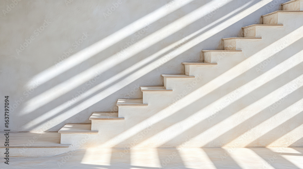 Naklejka premium Stairwell with high contrast shadows creating patterns textured wall, evoking serene atmosphere