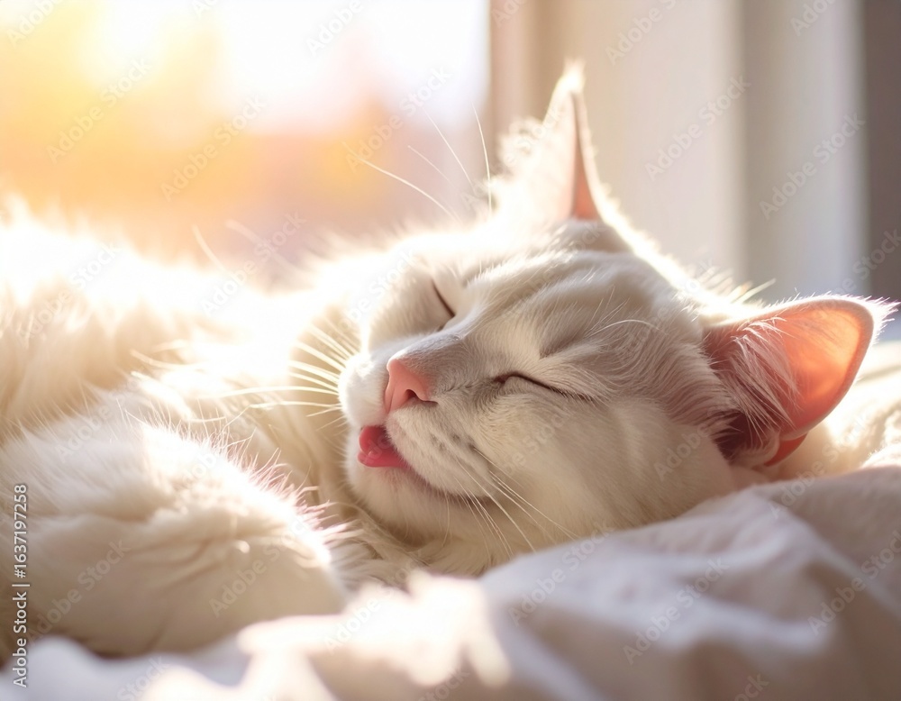 Obraz premium 햇살 속 평화롭게 잠든 흰 고양이 White Long-haired Cat Sleeping Peacefully in Sunlight