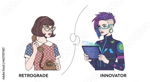 Then and now showcases a generational comparison of retro communication versus future technologies.