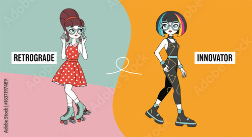 Retro style against innovator style, contrasting fashion choices, showcasing two distinct personal aesthetics. Retro style woman in red dress on vintage roller skates embodies past eras.