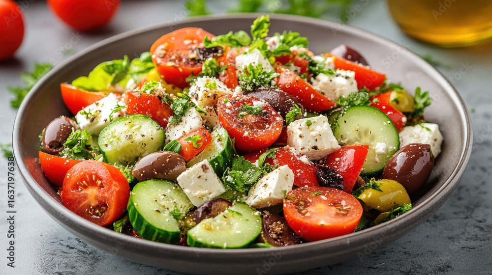 Fresh Greek salad with tomatoes, cucumbers, olives, and feta cheese, garnished with herbs Fresh Greek salad with tomatoes, cucumbers, olives, and feta cheese, garnished with herbs