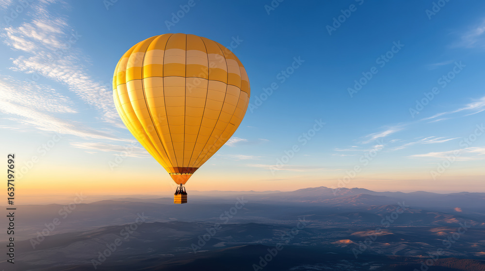 Fototapeta premium Vibrant hot air balloon floats gracefully in evening sky, surrounded by serene mountains