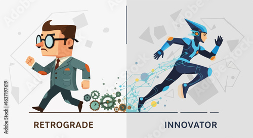 Password protection for retrograde and innovator with running figures showing two different approaches to technology.