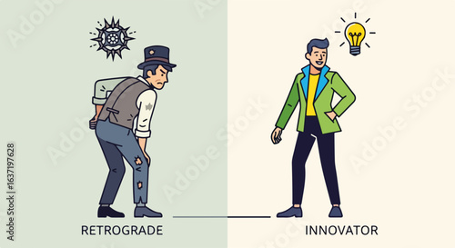 Retrograde innovator contrast showing backward glance and bright new idea. Retrograde compared to innovator with old and new side by side, representing different approaches to problem solving.
