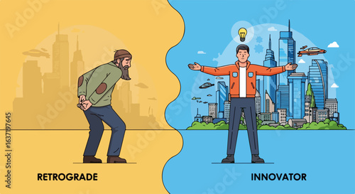 Concept password protection with bearded man and innovator in split screen, password protection with city background. Password protection is seen through retrograde versus visionary approach.