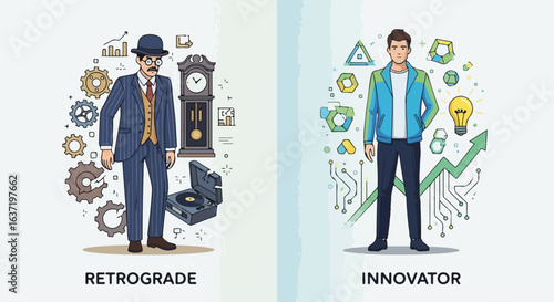 Password protection needed to secure data. Retrograde versus innovator concept illustrating past trends and future innovations. Protecting password protection is crucial for digital security,
