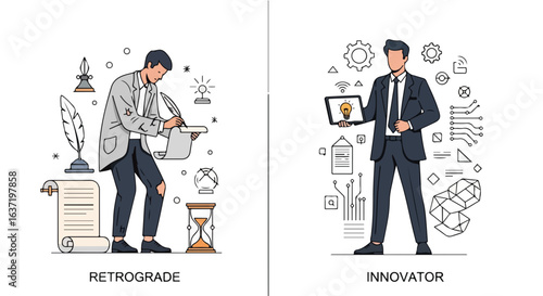 Contrasting images showcasing retrograde versus innovator approaches, with a retrograde figure drafting with a quill and scroll, set against digital icons that underscore the dichotomy,