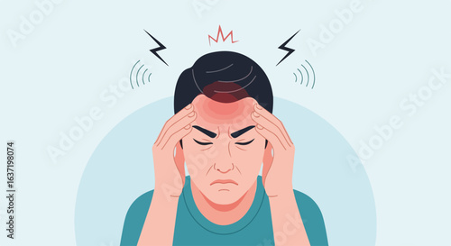 Experiencing headache pain pressing on temples, depicted with symbolic lightning and sound waves, is very uncomfortable. Headache pain can be caused by various factors, including stress, dehydration,