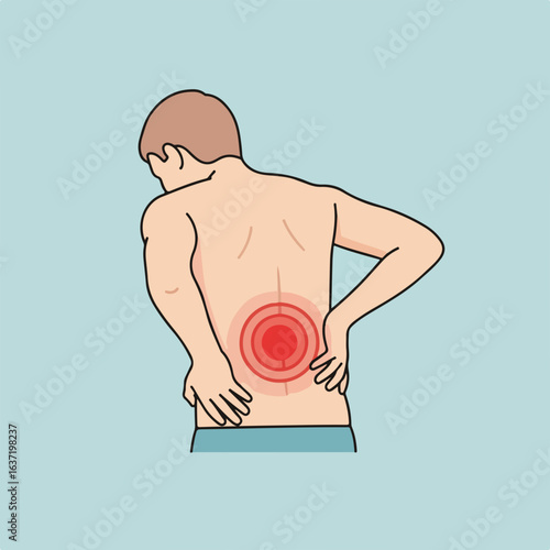 Back pain illustration depicts person holding lower back in pain. Illustration indicates the discomfort of lower back pain and muscle ache. Back pain awareness for websites, blogs,