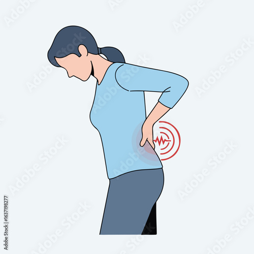 Back pain illustration displays discomfort in lower lumbar region, with woman holding painful area. Back pain indicates medical problem, potentially caused by injury, strain, or chronic condition.