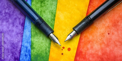 Two Fountain Pens on Vibrant Rainbow Watercolor Paper