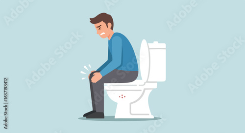 Person with constipation on toilet suffering from abdominal pain, an image representing digestive issues and discomfort. Abdominal pain may indicate numerous health concerns.