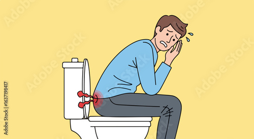 Experiencing hemorrhoid pain with discomfort in bathroom, experiencing hemorrhoid flare-up with stress. Internal hemorrhoid pain making one uncomfortable and stressed, causing bleeding and irritation.