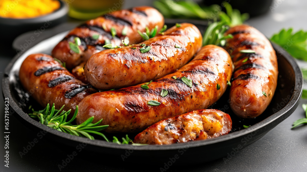 Juicy grilled sausages sizzling in pan, garnished with herbs, evoke delicious aroma Juicy grilled sausages sizzling in pan, garnished with herbs, evoke delicious aroma
