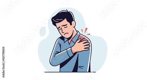 Shoulder pain on young man touching his aching body part, suffering discomfort. Shoulder pain relief requires medical attention and adequate treatment.