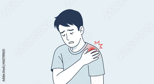 Shoulder pain illustration shows suffering man holding his arm in discomfort. Shoulder pain and injury makes him feel sick and stressed. Presenting shoulder pain as a reminder of health concerns.