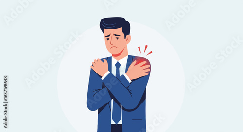 Business man with shoulder pain, holding his arm and expressing discomfort. Shoulder pain may occur due to injury, overuse, or underlying medical conditions.
