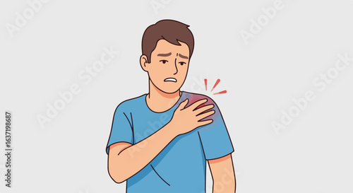 Experiencing shoulder pain. Young man showing shoulder pain, pressing his hand to painful area, indicating discomfort. Shoulder pain can stem from injury, overuse, or underlying conditions.