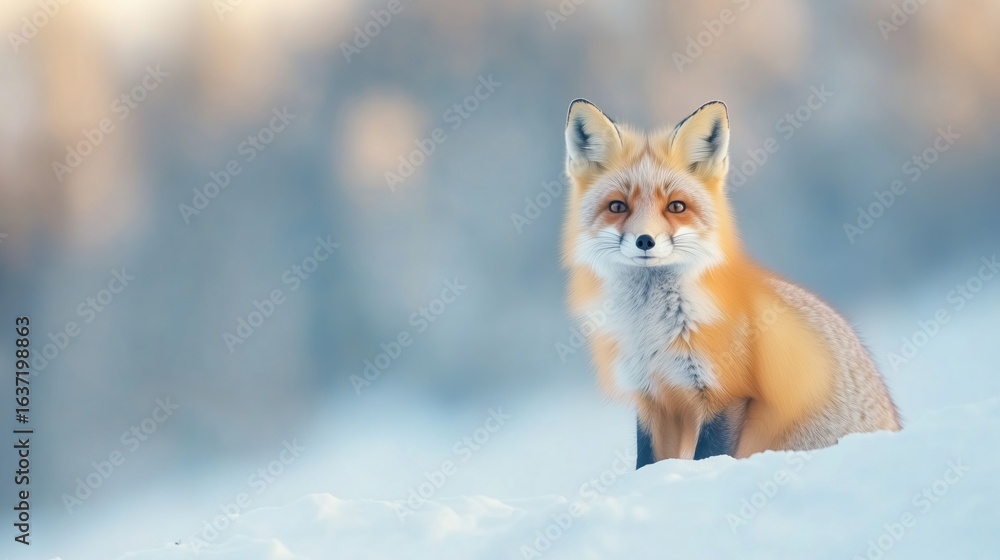 Fototapeta premium Red Fox - Vulpes vulpes, close-up portrait with bokeh of pine trees in the background. Making eye contact.