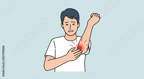 Elbow pain with frustrated man holding his arm in discomfort, elbow pain shown. The man feels terrible ache due to injury, bruise, or joint problems, elbow pain causing distress.