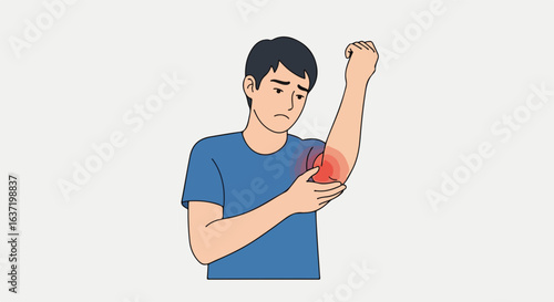 Elbow pain illustration showing man suffering from elbow pain with a red spot highlighting affected area. Elbow pain could result from injury, repetitive motion, or underlying condition.