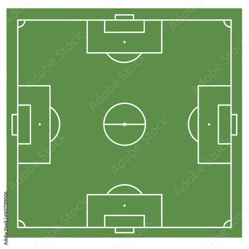 A symmetrical top-down diagram of an unconventional square football pitch with four goals.