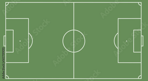 A top-down illustration of a green soccer field with white line markings for a game.