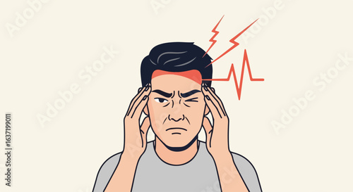 Experiencing a headache, man presses his fingers to his temples in pain. Headache illustrated to show discomfort and tension, with lightning bolts to symbolize the severity of headache.