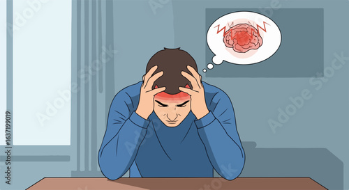 Experiencing intense migraine pain with throbbing headache, illustrated in a graphic scene of person holding their head. Severe migraine pain is visualized with a thought bubble showing throbbing red,
