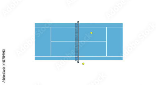 An aerial top-down view of a blue tennis court with a net and two yellow balls.