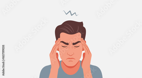 Headache illustration shows man with discomfort, feeling pain, touching his head. Severe headache may indicate health problem, stress, or migraine. Concept headache illustration to promote well-being.