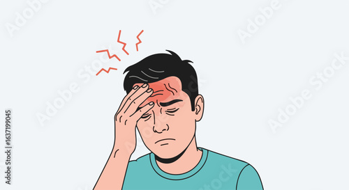 Man with a headache suffering from pain, touching forehead with hand. Headache is debilitating. Person suffering from headache due to stress and tension, needs medical care for severe headache.