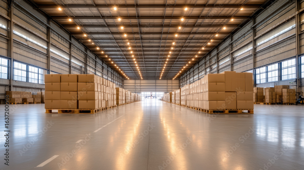 Obraz premium Large warehouse interior with stacked cardboard boxes, bright lighting, and spacious layout