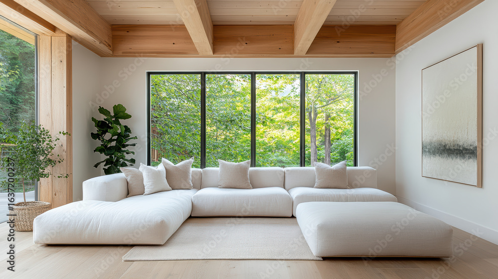 Fototapeta premium Modern low platform couch in neutral room with large windows showcasing greenery outside
