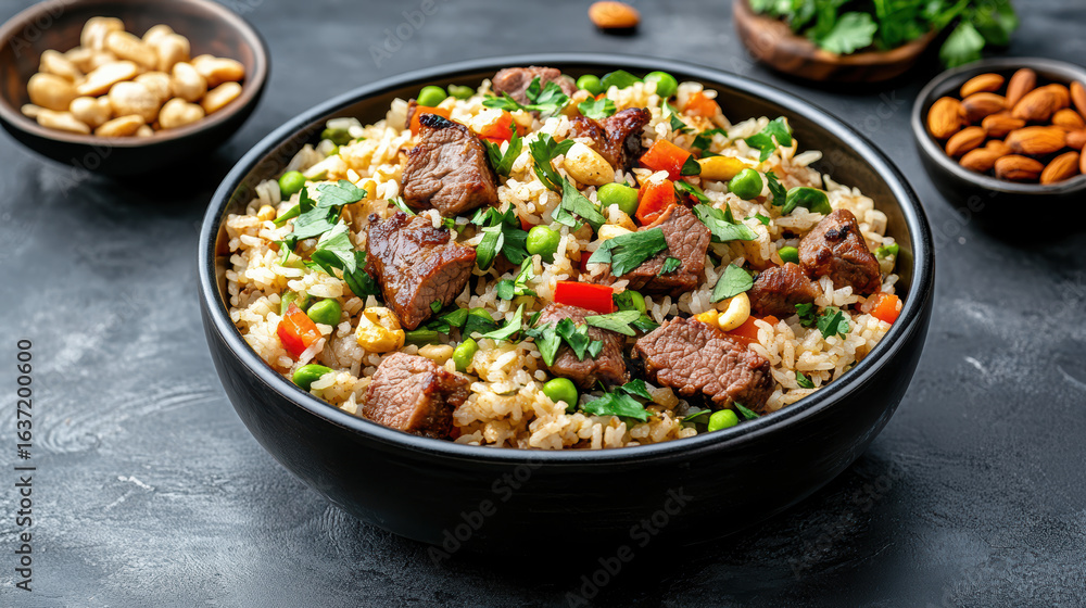 Delicious spiced rice with tender lamb, colorful vegetables, and fresh herbs Delicious spiced rice with tender lamb, colorful vegetables, and fresh herbs