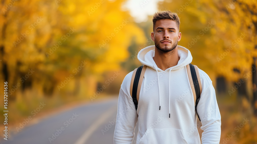 Obraz premium Man in white hoodie stands on quiet road surrounded by autumn trees, exuding calmness