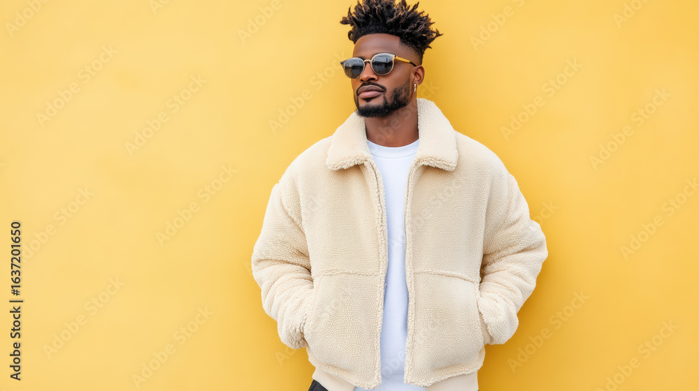 Obraz premium Stylish man cozy beige jacket against vibrant yellow background, exuding confidence and coolness