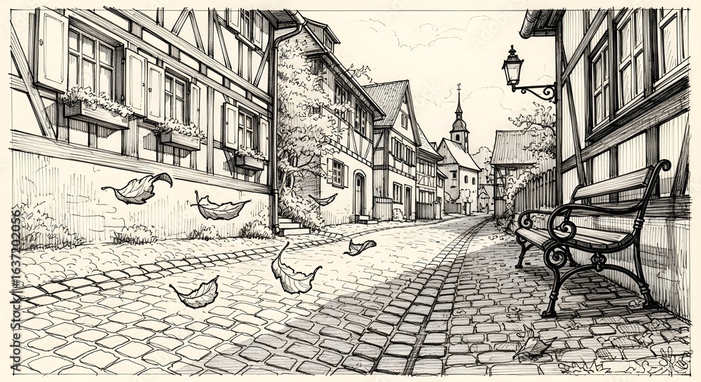 Fototapeta premium Serene Old Town Street Scene in Black and White Artistic Drawing