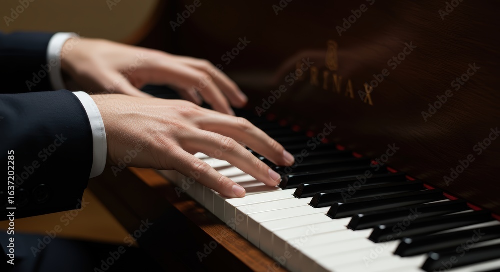 Obraz premium A close-up of a pianist's hands gracefully dancing across the black and white keys of a piano.