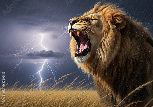 Powerful lion roaring in thunderstorm with lightning. Symbolizes raw power, untamed nature, resilience.