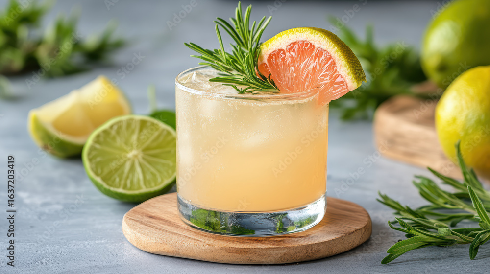 Fototapeta premium Refreshing mocktail with herbs and citrus fruits garnished with lime
