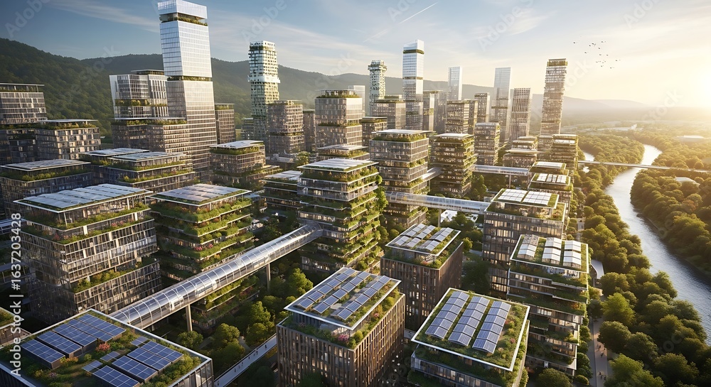 Fototapeta premium Aerial view of a sustainable futuristic city with vertical gardens, solar panels, and elevated transport.