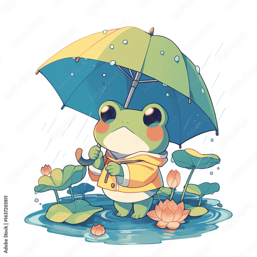 Obraz premium 葉っぱの傘を持つ蛙が雨粒の中で微笑むイラスト。梅雨、雨、水滴、緑、自然、動物、童話風、キャラクター、広告、SNS、ポスター、絵本や物語の挿絵、グッズデザインにも適した愛らしく温かみのあるファンタジーアート。